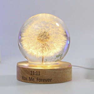 Dandelion Night Light, Real Dandelion puff Paperweight, Flower Epoxy Resin Nightlight, Epoxy Resin Wood Table Lamp father's day Gifts idea