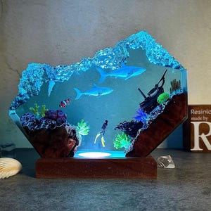Custom Great White Shark and scuba resin lamp, SCUBA DIVER Epoxy Lamp, ocean night light, gift for him, Christmas gift, home decoration