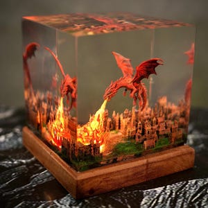 Dragon Breathing Fire on City, Fantasy Dragon Lamp – Resin & Wood Night Light – Fire Dragon Attacking City Gift for him