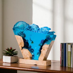 Resin Ocean Wave Art with Diver, Handmade Epoxy and Wood Sculpture, Underwater Coral Reef Decor, Unique Epoxy Art for Beach Lovers
