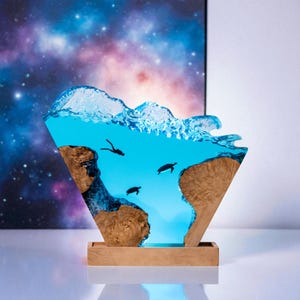 Turtle Resin Lamp Ocean, Handmade Epoxy and Wood Sculpture, Underwater Coral Reef Decor, Unique Epoxy Art for Beach Lovers