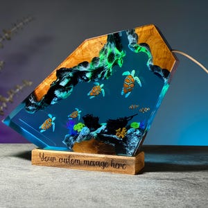 Sea Turtle Resin Lamp with Clownfish & Shipwreck – Ocean Epoxy LED Light with Custom Wood Base – Marine Night Light Gift